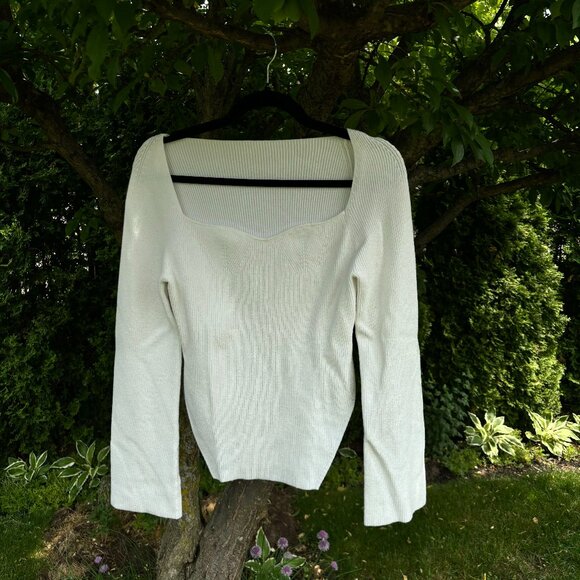 Cream Knit Sweater with Elegant Square Neckline | Minimalist Chic - Picture 1 of 4